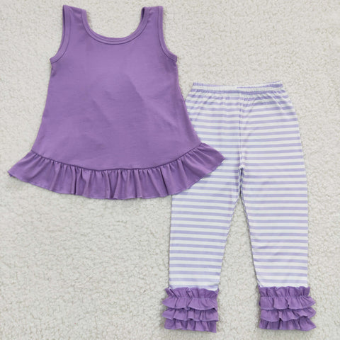 GSP00506 Girls Purple Lace Striped Vest Trousers Set