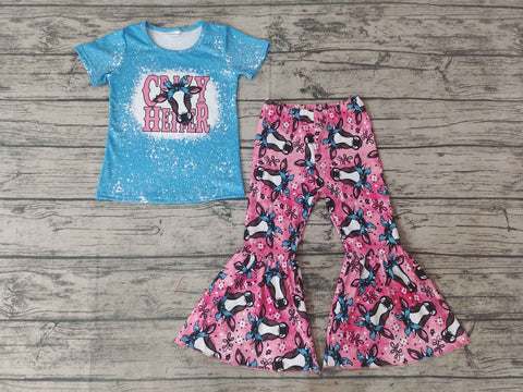 GSPO0415 baby girls bull head print blue short sleeve pink Bell Set